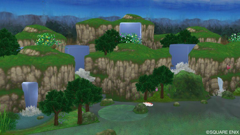 猫森タマ ドワモエ V Twitter Dq10写真コンテスト ハウジング 猫森城の日本庭園 外はししおどしセットを並べて竹垣風を表現 中は 机の上に物が置けるようになったのを生かしておもちゃの岩山と青ブロックを組み合わせて滝を作り おもちゃの雪木で水飛沫を表現し