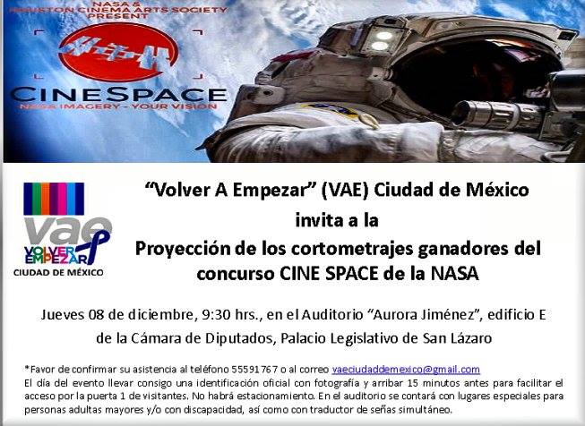 VAECDMX1's tweet photo. Invitación 08/DIC/2016 #CamaradeDiputados #NASA #CORTOMETRAJES #GANADORES concurso #CINESPACE más información: https://t.co/uIHgCGw7lt https://t.co/fBc2JKX03I