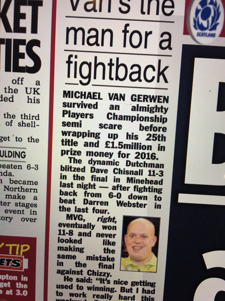 LannoNews's tweet photo. @MvG180 in @scotsunsport today @OfficialPDC @ModusDarts180 #CCPC16 #darts @lovethedarts https://t.co/Vk9l2nz4Vw