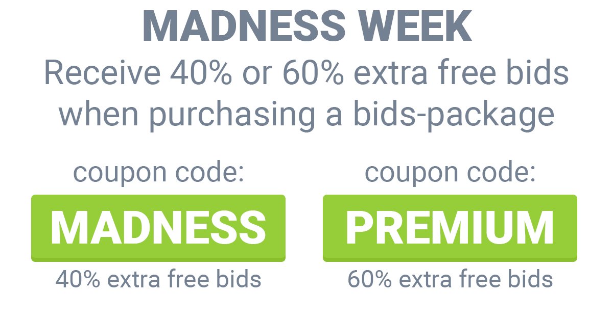 MADNESS WEEK: Add coupon: MADNESS to get 40% free bids &amp; Premium Members: PREMIUM to get 60% free bids! 123bids.com