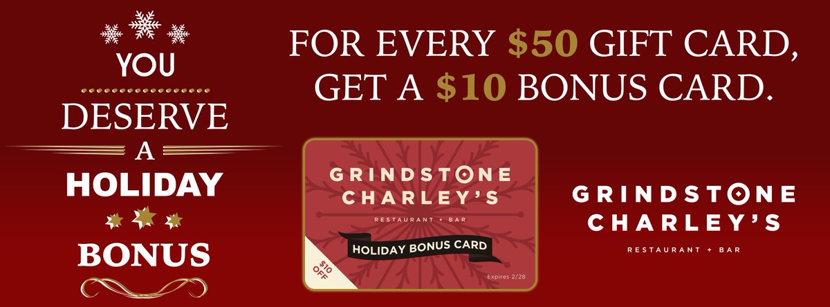 Grindstones's tweet photo. FREE $10 Holiday Bonus Gift Card when you purchase $50 in gift cards.
Get your gift cards now at https://t.co/tRFsUbdBEH! https://t.co/qWDcyUOGMT