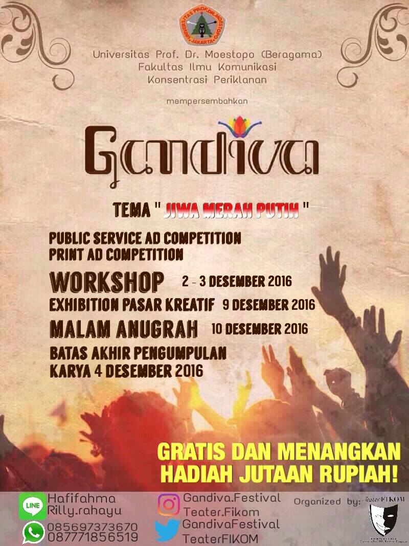 Hallo Generasi Muda Bangsa! Tahun ini Gandiva Festival hadir kembali loh.. Yuk! Buruan daftar dan ikuti rangkaian kegiatan nya. FREE!😃