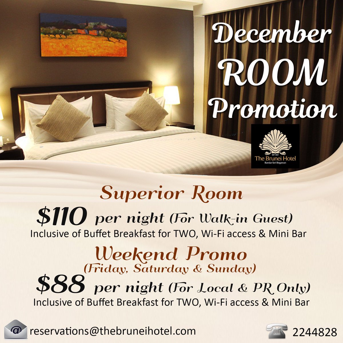 thebruneihotel's tweet photo. December ROOM Promotion
#Brunei #Fbworld #bandarkuceria #bsb #bandarseribegawan #bruneidarussalam #botiquehotel #bruneitousrism https://t.co/Aufp4BT1Bu