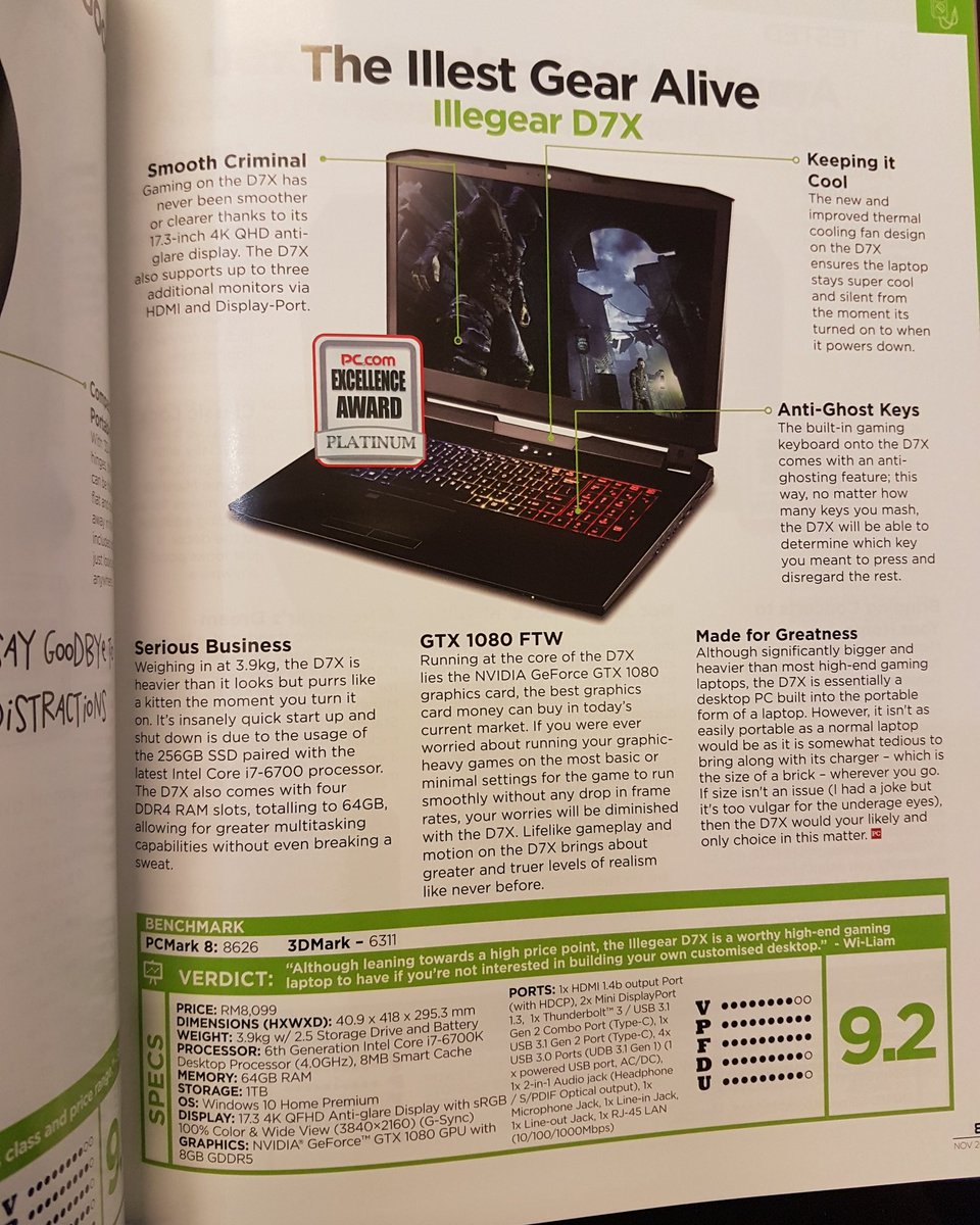 ILLEGEAR's tweet photo. #ILLEGEAR #D7X is on https://t.co/32exF7XquZ November issue with platinum award (9.2/10)!
#Pascal #GamingLaptop #GTX1080 #DesktopReplacement https://t.co/cf89ojoQh9