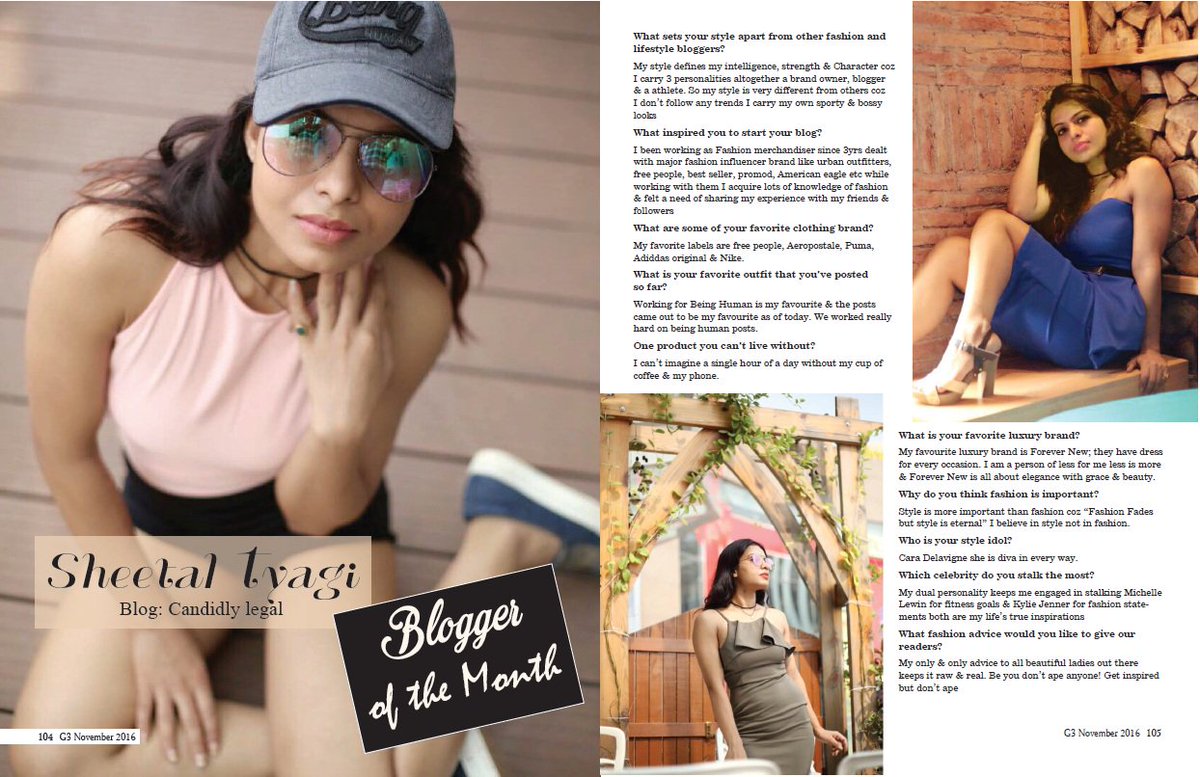 Magazine_G3's tweet photo. Blogger of the Month Sheetal Tyagi.
#FashionBlogger #SheetalTyagi #CandidlyLegal #FashionMagazine #G3 #GorgeousGlamourGlimpse https://t.co/Ffx0kEJSPi