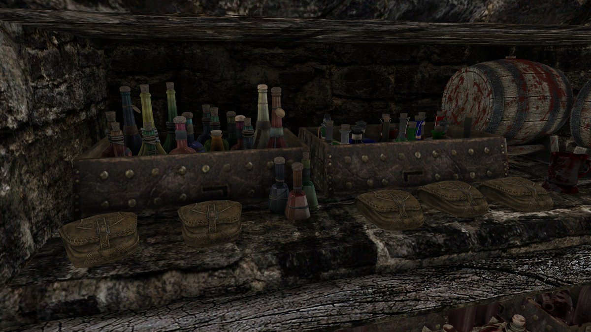 ToggleAI's tweet image. More pics of my WIP vampire player home mod, pretty happy with the custom storage and the blood potion mixing station #SkyrimSpecialEdition