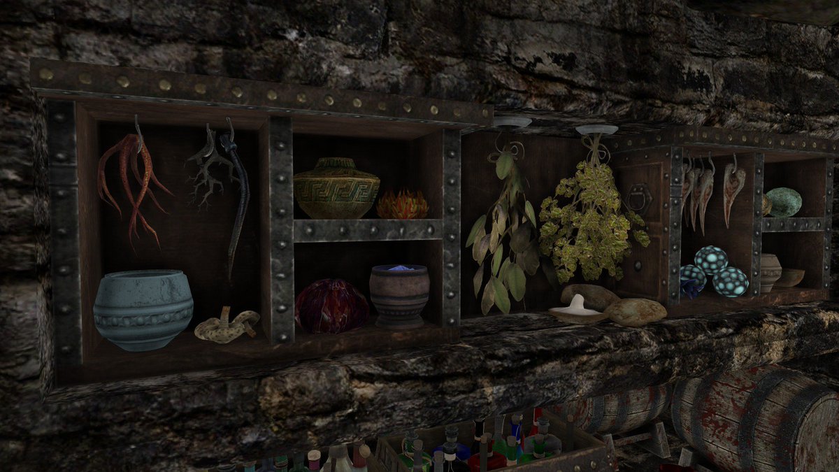 ToggleAI's tweet image. More pics of my WIP vampire player home mod, pretty happy with the custom storage and the blood potion mixing station #SkyrimSpecialEdition