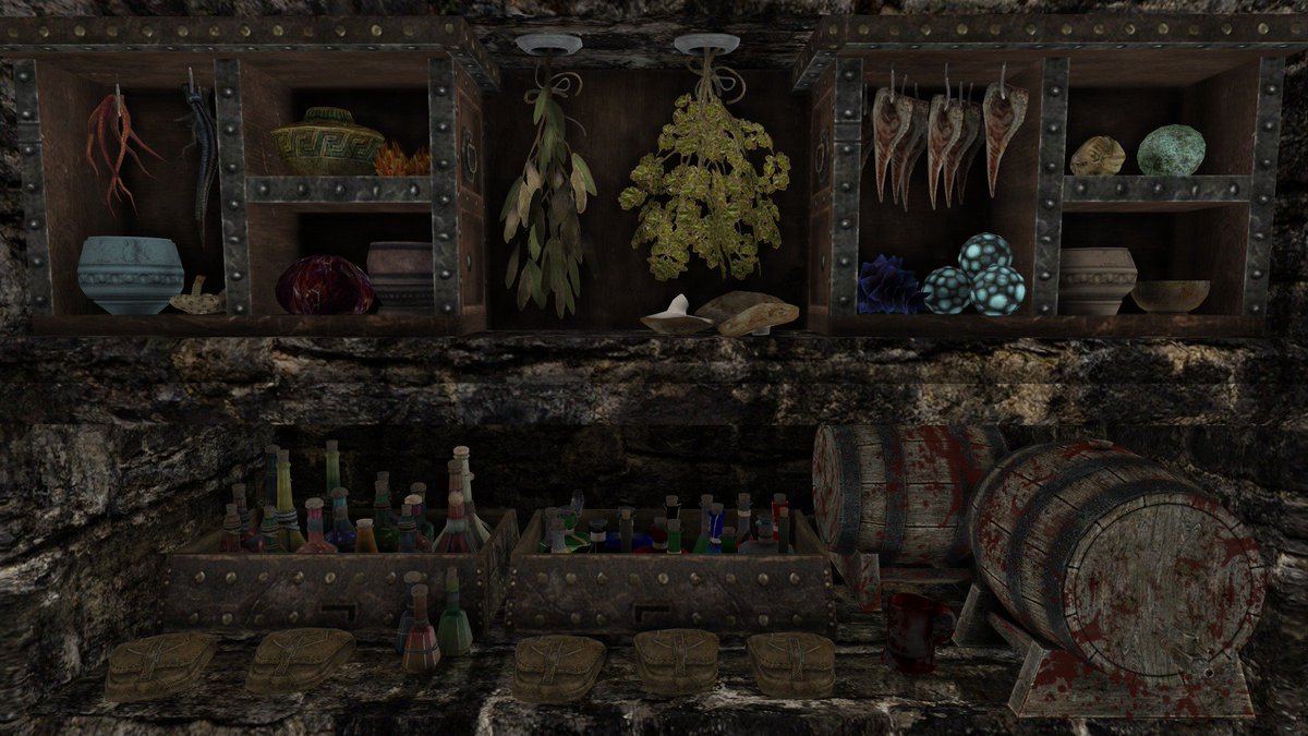 ToggleAI's tweet image. More pics of my WIP vampire player home mod, pretty happy with the custom storage and the blood potion mixing station #SkyrimSpecialEdition