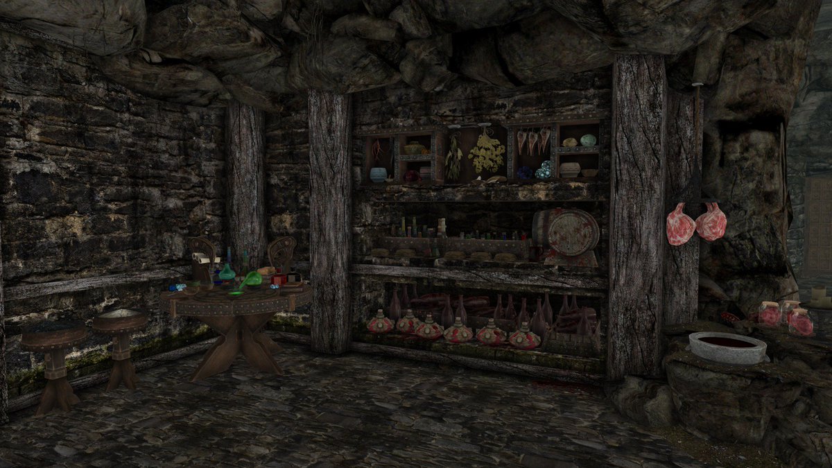 ToggleAI's tweet image. WIP pics of my #SkyrimSpecialEdition #SkyrimSE vampire player home mod, alchemy setup is now complete, more pics incoming