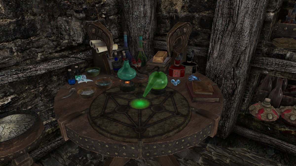 ToggleAI's tweet image. WIP pics of my #SkyrimSpecialEdition #SkyrimSE vampire player home mod, alchemy setup is now complete, more pics incoming