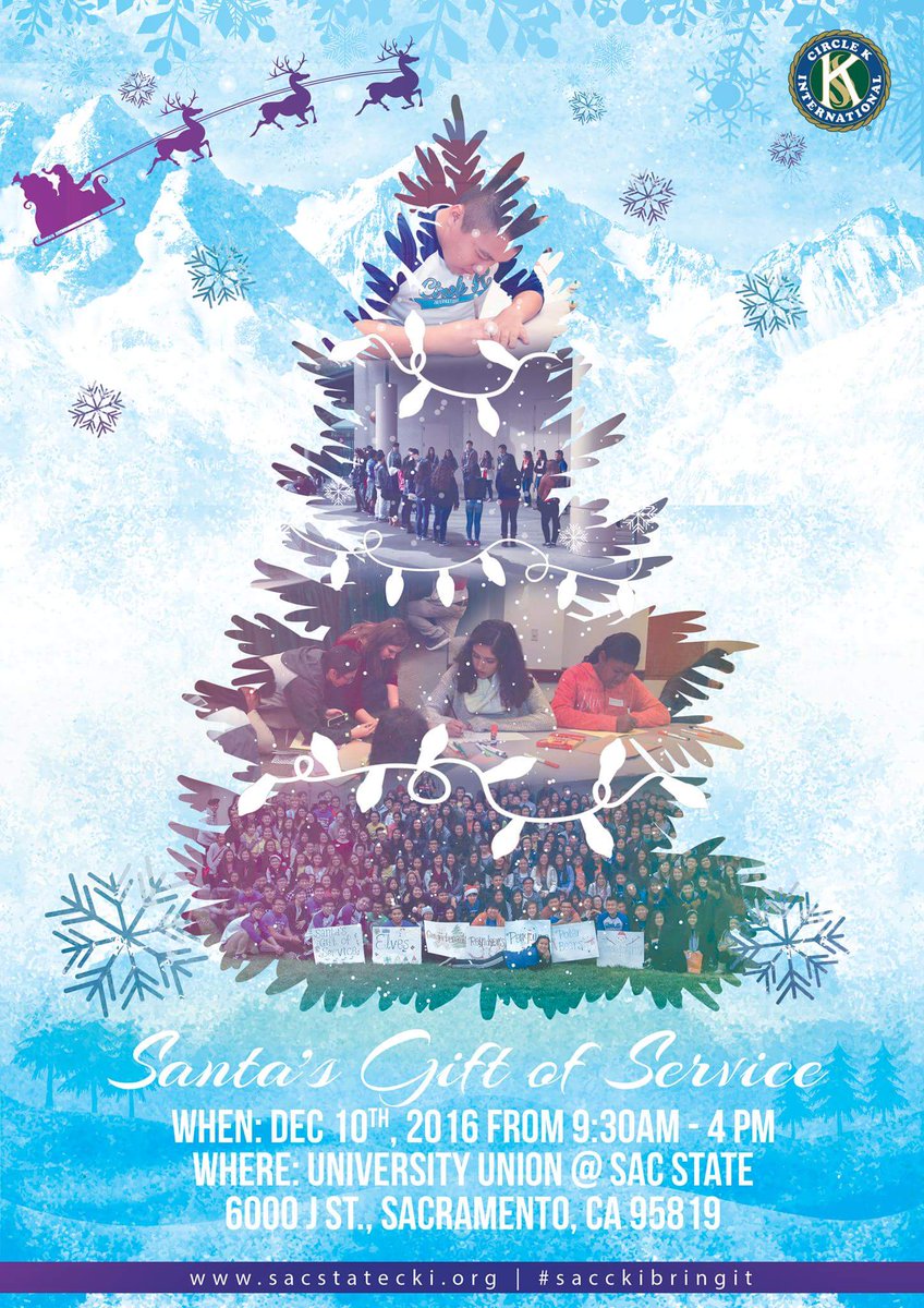 sacstatecki's tweet photo. Sac State CKI introduces our 6th annual Santa’s Gift of Service. WHEN? Sat., December 10th @ 9:30 AM–4PM &amp; WHERE? University Union #SGS2016 https://t.co/1vaIXda2X8