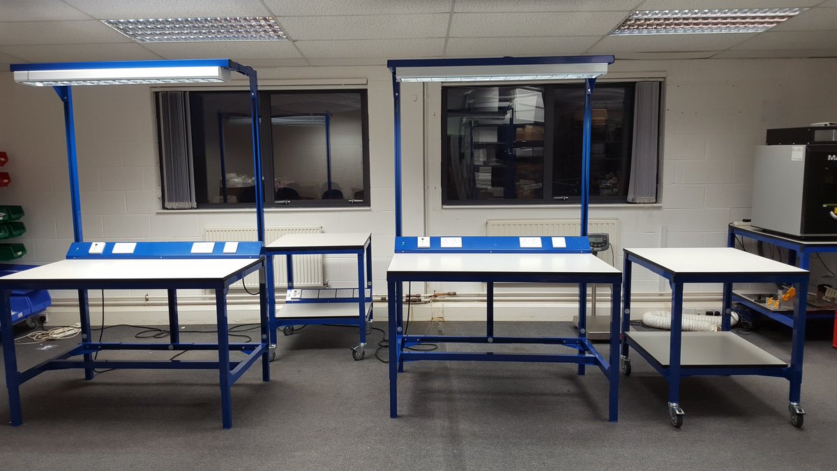 PAFSystems's tweet photo. PAF metal workstations supplied in a bright powdercoated blue. Complete with service panels & overhead lighting. #PAFSystems #UKelectronics https://t.co/UpM7GrJGmU