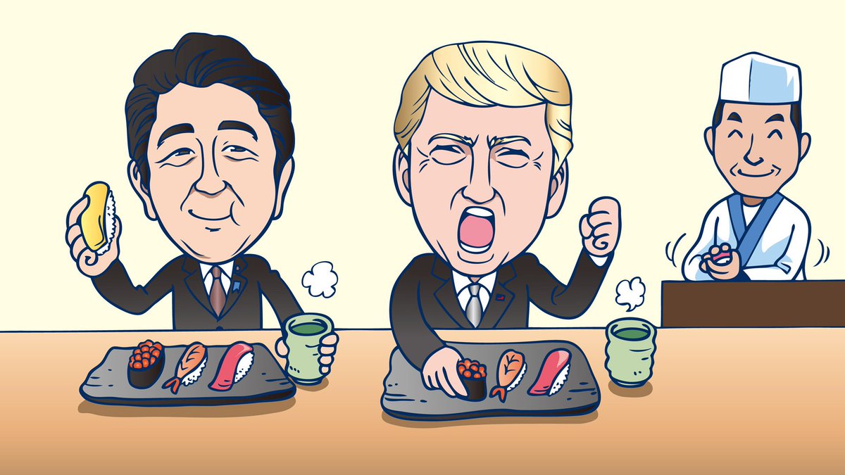 佐伯ウサギ 安倍総理大臣とトランプ氏がppapを踊る似顔絵イラストなどを描かせて頂きました 今放送中のｅテレ ｒの法則にて Abeshinzo Trump Ppap ピコ太郎 安倍首相 Rの法則