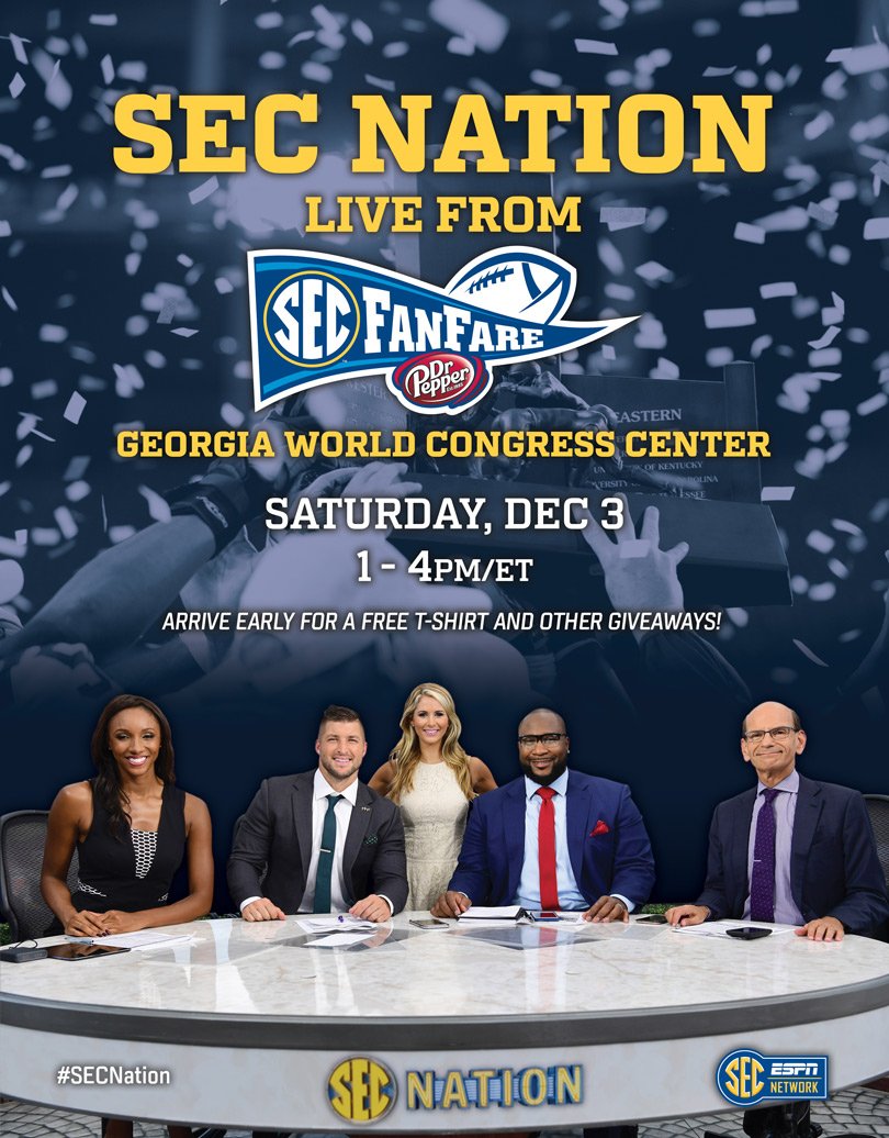 SEC's tweet image. #SECNation is heading to Atlanta! 

The crew will be LIVE from inside the Georgia World Congress Center (@GWCC_ATL) at SEC FanFare!