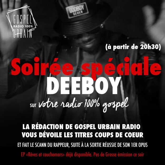 GospelUrbain's tweet photo. Soirée spéciale #DeeBoy sur votre radio Gospel Urbain #radio #show #emission #holytrap #chh #rap #trap #hiphop https://t.co/1Dp6v2ZNuQ