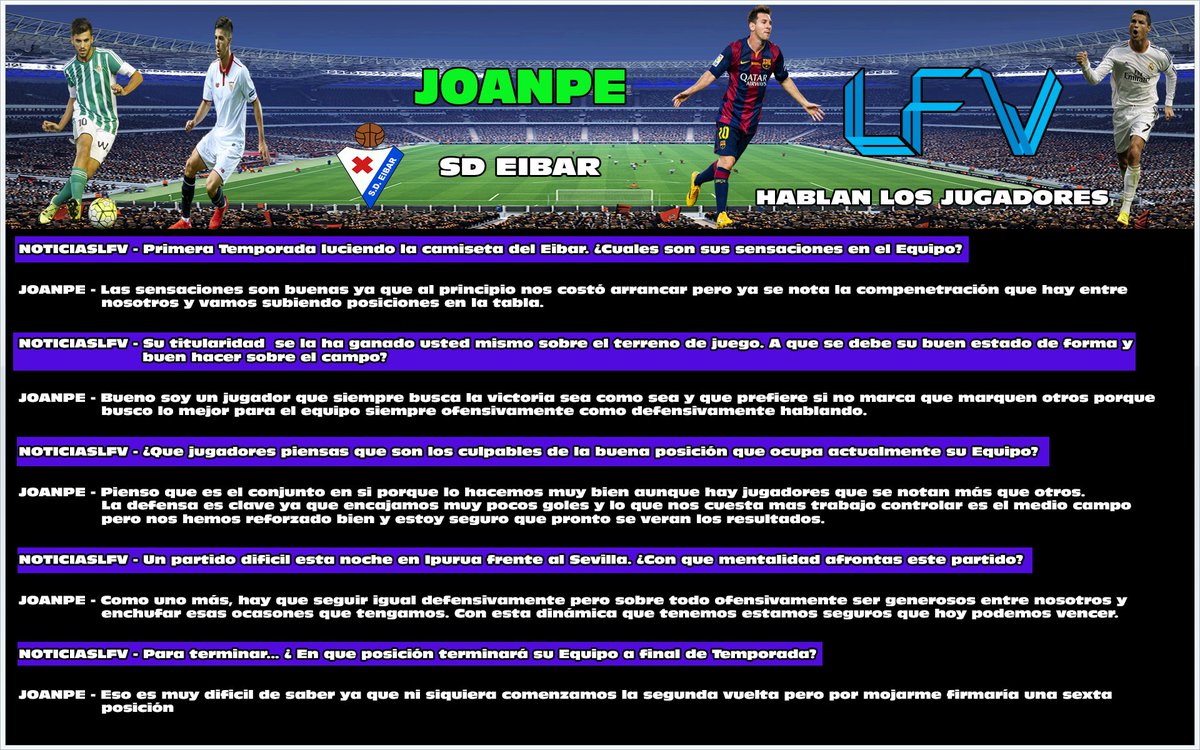 " Hablan los Jugadores " Nueva sección de <a href="/NoticiasLFV/">FIFV - LFV Noticias</a> "
Hoy tenemos a <a href="/joanpere08/">Joanpe08</a> (<a href="/LFVEIBAR1/">LFVEIBAR</a>) @FifvEspana <a href="/lacabina_fifv/">LaCabina Fifv</a>