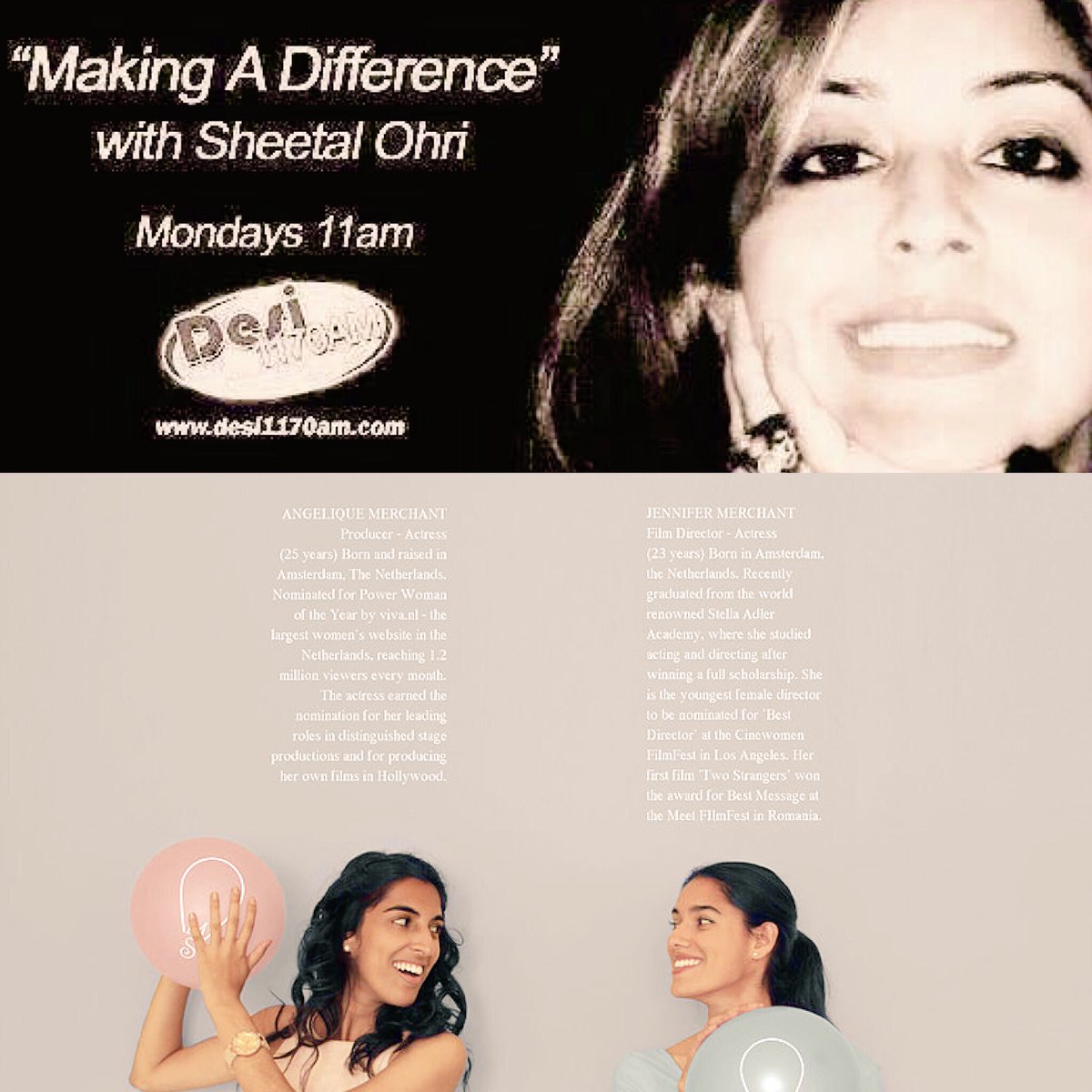 sheetalohri's tweet image. HollywoodProductionCompany#MerchantSisters#AngeliqueMerchant#JenniferMerchant#EbruMovie#LA#DesiKlok1170AM#SocialCause#11AM#Tunein