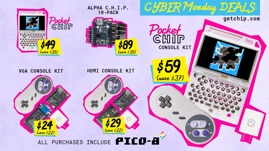 nextthingco's tweet photo. HUGE #CyberMonday deals! Save $20 on #PocketCHIP! Today Only! Act Now!
RT to enter to win a #freepocketchip! \(•◡•)/
https://t.co/S2adkwuMVs https://t.co/by3pDwsVTP
