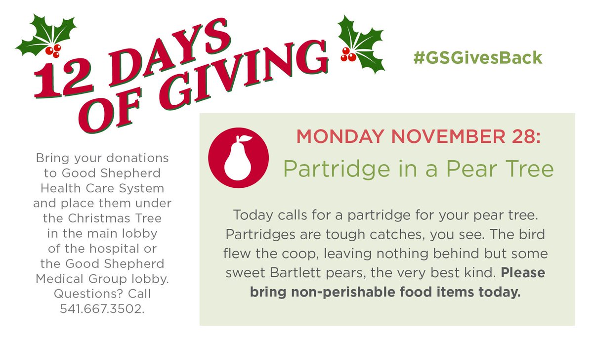 goodshcs's tweet photo. Monday, November 28, Partridge in a Pear Tree! #GSGivesBack https://t.co/9XOZgSZZHM