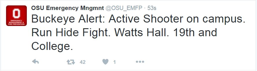 Columbus Dispatch (@dispatchalerts) on Twitter photo .<a href="/OSU_EMFP/">OSU Emergency Mngmnt</a> is reporting an active shooter on #OhioState's campus at Watts Hall. Details coming to Dispatch.com. .<a href="/OSU_EMFP/">OSU Emergency Mngmnt</a> is reporting an active shooter on #OhioState's campus at Watts Hall. Details coming to Dispatch.com.