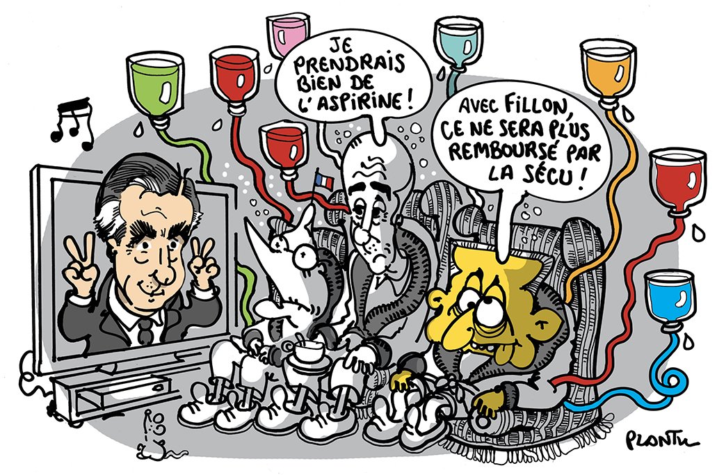 plantu's tweet photo. VICTOIRE POUR FILLON, ASPIRINE POUR LES AUTRES. Le dessin du Monde de ce lundi 28 novembre. https://t.co/cGZsySWmQO