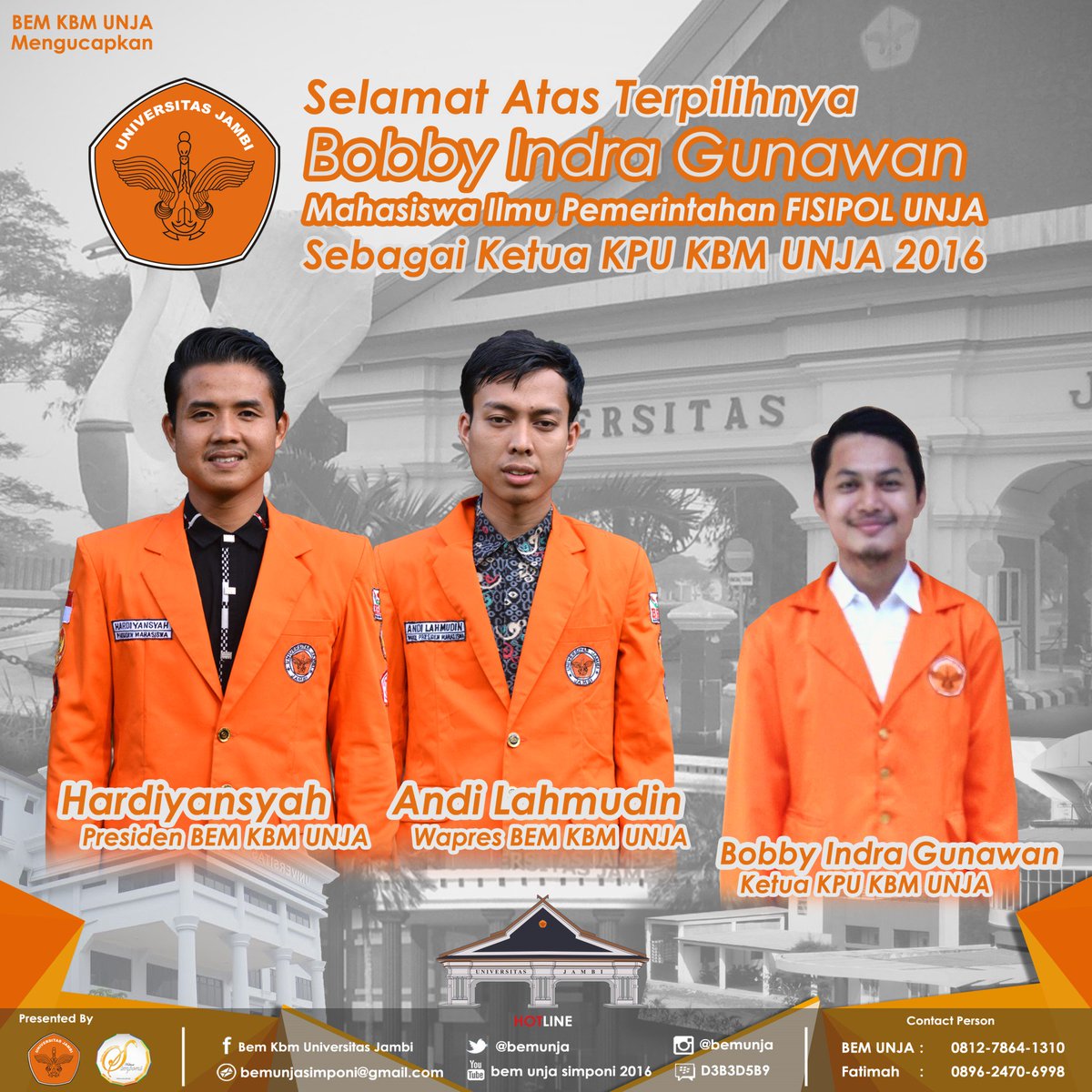 bemunja's tweet photo. Selamat atas terpilihny
Bobby Indra Gunawan (Mahasiswa Ilmu Pemerintahan FISIPOL UNJA) Sbgai Ktua KPU KBM UNJA 2016. https://t.co/BPYSj9HAbn