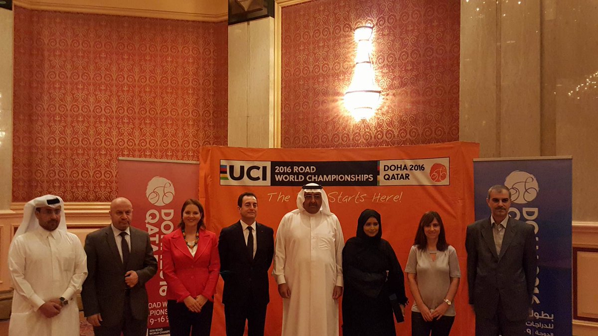 AmaniAaldosari's tweet photo. Sheikh Khalid Bin Ali Al Thani with the sponsors and partners of #UCIDoha2016 at the Honouring ceremony this morning. https://t.co/fXD8mZUPuL