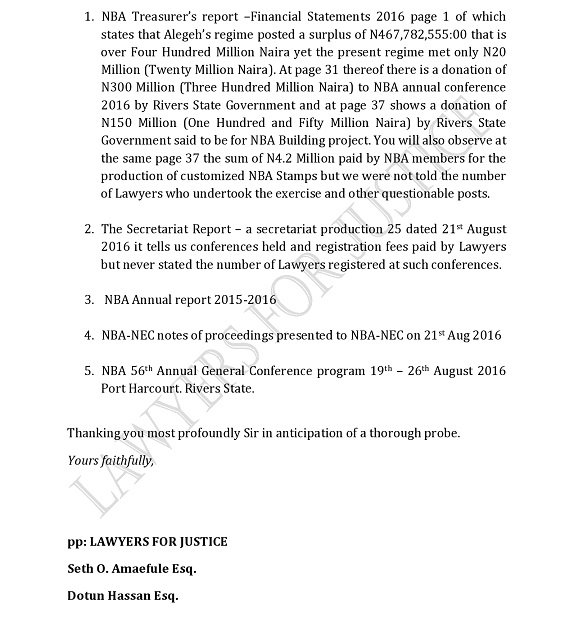 In this latest petition, LAWYERS FOR JUSTICE forwards another petition to EFCC against the previous hierarchy of the Nigeria Bar Association [NBA].