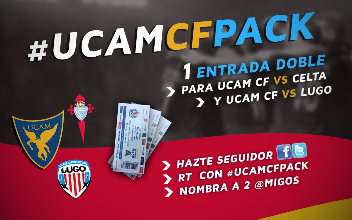 ApuestasdMurcia's tweet photo. #CyberMonday #UCAMCFPACK ¡Consigue 1 entrada doble para @UCAMMurciaCF vs #Celta y para el #UCAMCF vs #Lugo! ¡Participa! https://t.co/itEksnWaLl