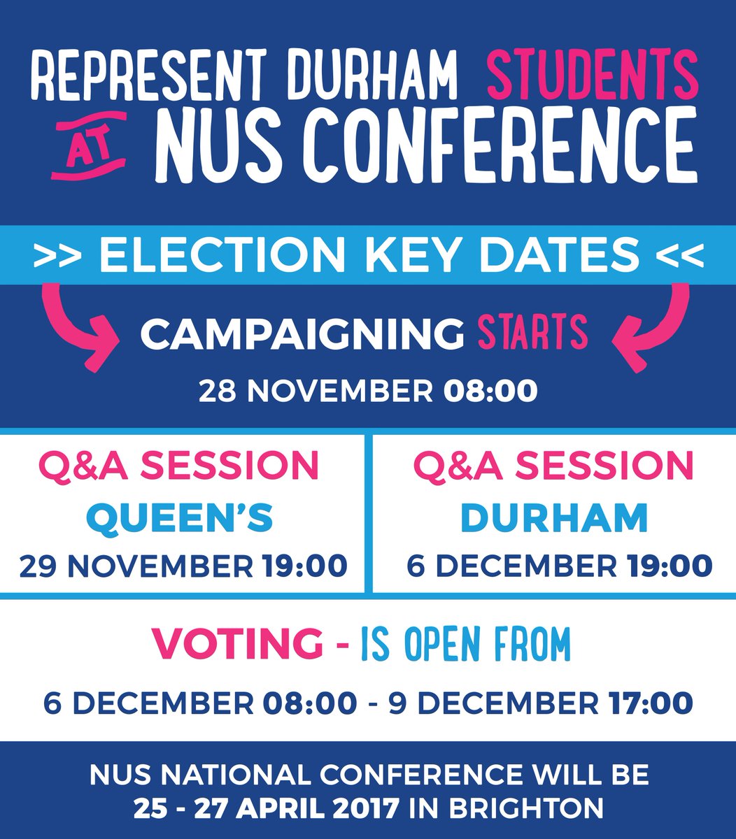 durhamSU's tweet photo. Find out who's running to be an NUS Delegate this year at https://t.co/u0mZlCpgAF Voting opens on 6 December! #DurhamSU #NUSDelegate https://t.co/5eea2xRx4f