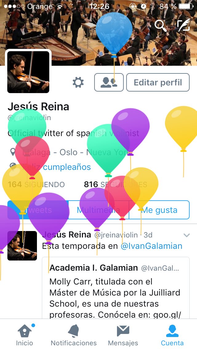 ambrosiovalero's tweet photo. Felicito a @jreinaviolin por su cumpleaños. En twitter le han organizado una fiesta con globos...🎉🎈🎁 https://t.co/EERYgAHIyb