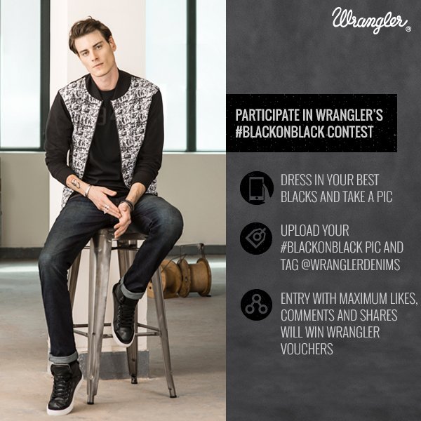 Wranglerdenims's tweet photo. Participate in Wrangler’s #BlackOnBlack contest by posting a photo of you wearing a black-on-black outfit. Win Wrangler GVs worth 10K. https://t.co/ZRx6wo3BHi