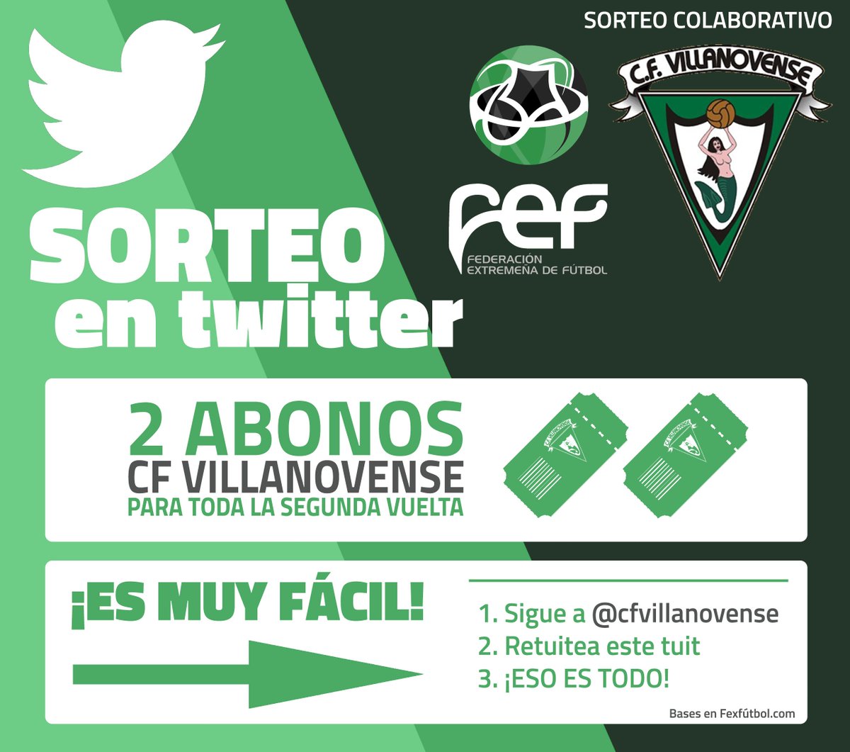 FedExFutbol's tweet photo. 🎲¡SORTEO COLABORATIVO! | SIGUE✅ a @cfvillanovense, RETUITEA🔄, este tuit y gana 2 ABONOS🎟 para ver al EQUIPO💚 toda la 2ªVUELTA🎁 @FedExFutbol https://t.co/upI6ITLWLB