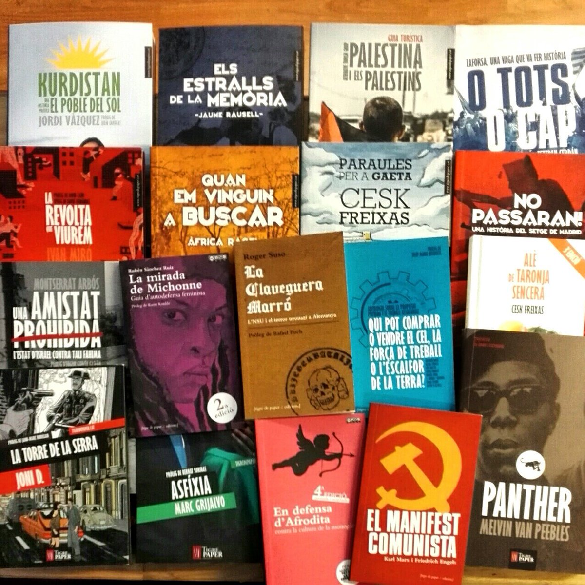 Partisano_cat's tweet photo. Aquestes són les referències q tenim ara mateix de @TigrePaper a #PartisanoBcn. #MésLlibresMésLliures #LaCulturaÉsSempreRevolucionaria https://t.co/a52nob0P97