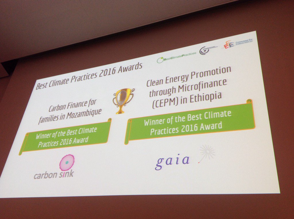 FEEMit's tweet photo. .@FEEMit w/ @ICCGOV_climate #BCP2016 Awards Ceremony: ... and the winner is @CarbonSinkGroup &amp; @gaiagroupoy Congrats! https://t.co/stulO3Bv2K