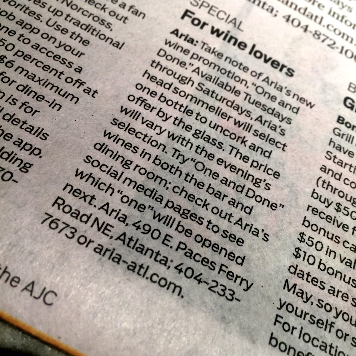 Thank you, <a href="/ajcdining/">AJC Food and Dining</a> ! #ariaisforlovers. #oneanddone