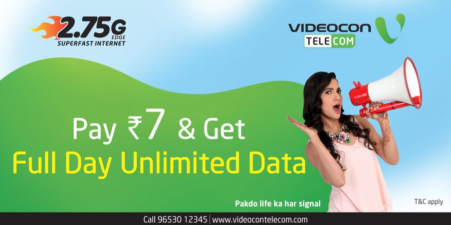 VideoconTelecom's tweet image. With Videocon Unlimited data packs, enjoy full day unlimited data only at Rs7. Browse free For more details click videocontelecom.com/double-data-of…