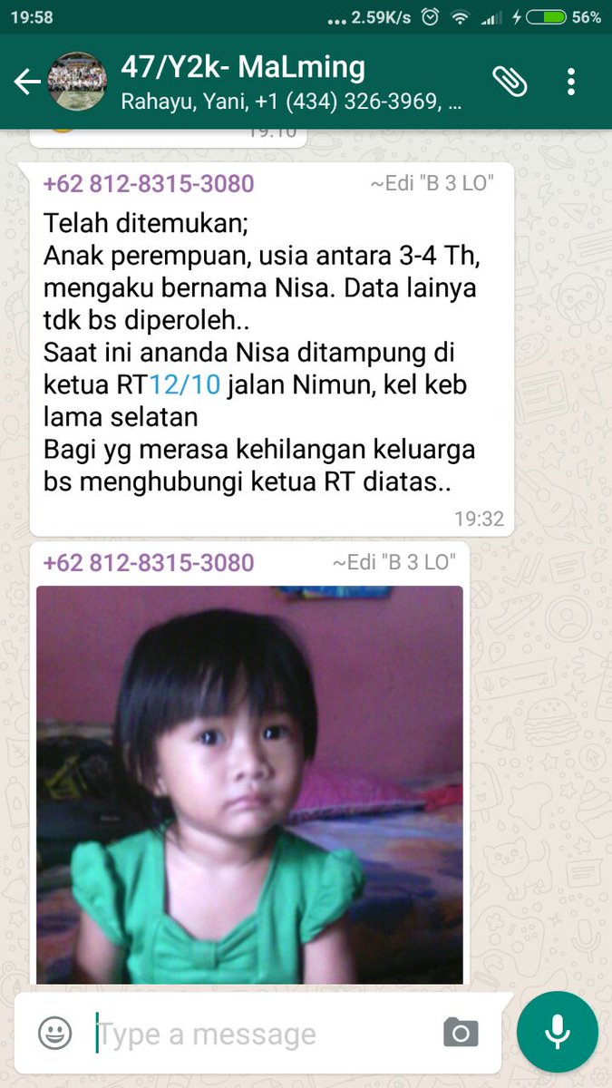 Ditemukan anak 3 th, Nisa, posisi di ketua RY 12/10 jl. Nimun Kebayoran Lama Selata. Anda kenal? Hub <a href="/DinsosDKI1/">Dinsos DKI Jakarta</a> <a href="/satgasp3s/">Satgas P3S DKI</a> <a href="/TePSAKEMENSOS/">TePSA KEMENSOS</a>