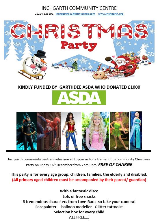 inchgarthcc's tweet photo. A wonderful FREE xmas party funded by @AsdaBridgeofDee Fri 16th Dec 7-9pm. For all ages, kids, disabled, families, elderly. See you all then https://t.co/pcXfQS37w4