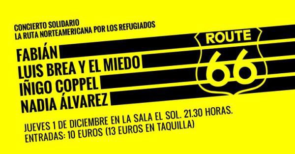 1 dic festival solidario #LaRutaNorteamericana <a href="/SalaElSol/">Sala El Sol</a> con @Fabian_tweets <a href="/LuisBreaBpunk/">Luis Brea</a> <a href="/ICOPPEL/">Inigo Coppel</a> <a href="/nadiadicenada/">Nadia Álvarez</a> conciertospormadrid.com/evento/concier…