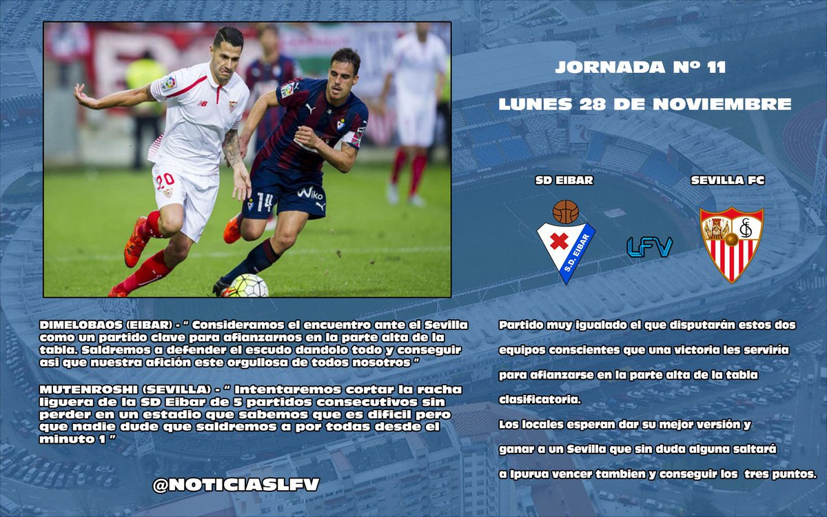 Jornada Nº 11 -  <a href="/LFVEIBAR1/">LFVEIBAR</a>  VS  <a href="/LFV_Sevilla_FC/">LFV Sevilla FC</a> 
Lunes 28 de Noviembre (00:30h.)
@FifvEspana <a href="/lacabina_fifv/">LaCabina Fifv</a> <a href="/NoticiasLFV/">FIFV - LFV Noticias</a>