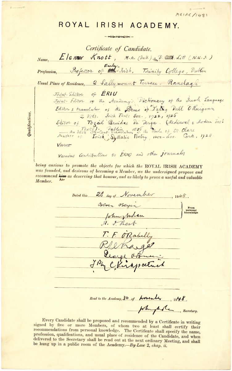 ChantalKobel's tweet photo. Eleanor Knott was elected as one of the 1st female members to the @RIAdawson @Library_RIA #otd in 1948 #womenonwalls (MRIAC/1481) https://t.co/DR0PcTvXqN
