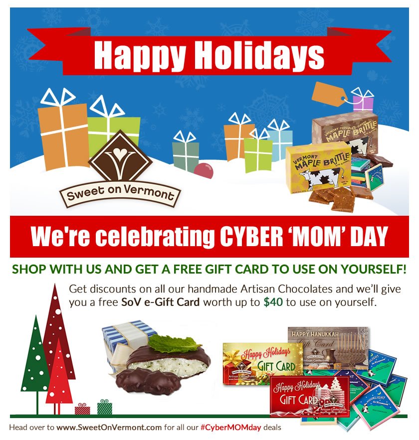 SweetOnVermont's tweet photo. Shop, save and get a free SOV e-Gift card worth up to $40.   #CyberMonday  #CyberMomDay  #chocoholic
https://t.co/WiDSuVAC2S https://t.co/ORhDVuEcDk