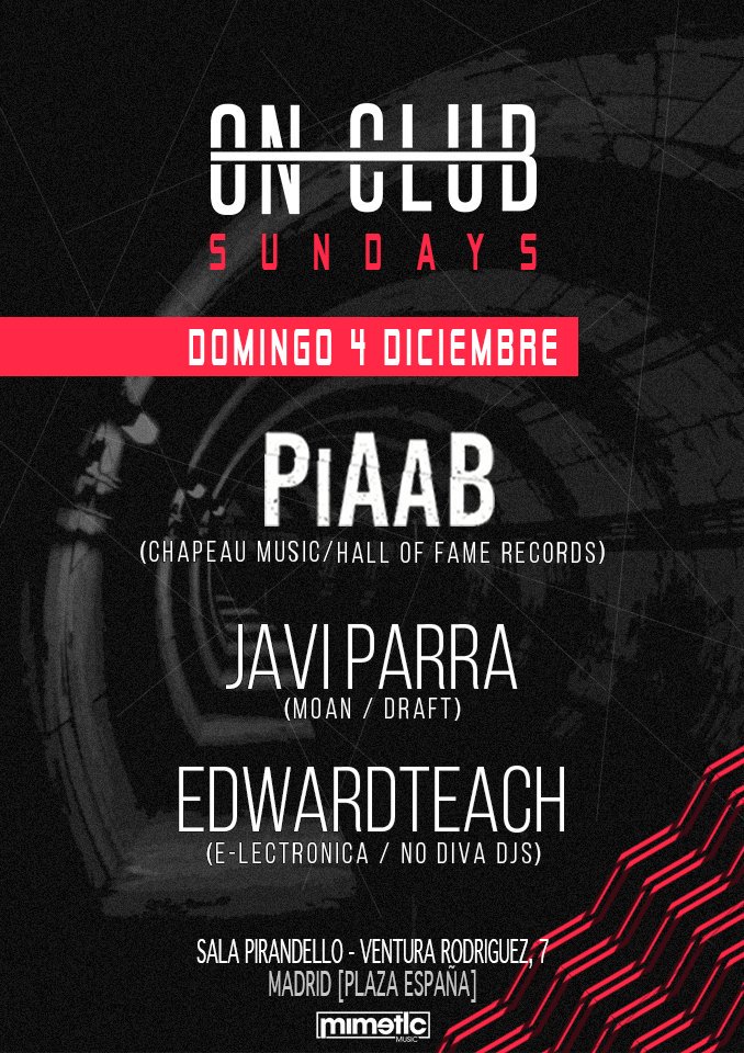 crewmusicmd's tweet photo. Domingo 4.
@OnClub_Spain SUNDAYS con @piaabmusic @_edwardteach y @ONCLUB_Staff
#Technomingo en @SALA_PIRANDELLO https://t.co/CGpEVOXcoL