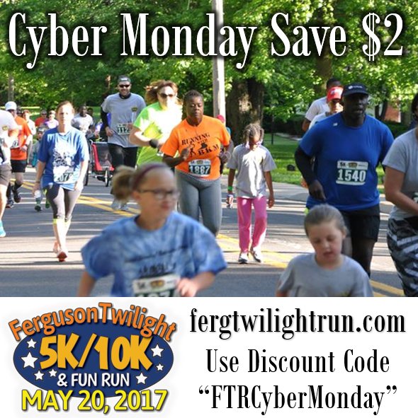 FergTwilightRun's tweet photo. #CyberMonday - save $2 by registering TODAY to #RunWithFerguson on May 20, 2017!  Use Discount Code "FTRCyberMonday" https://t.co/0k8EuaF5y0 https://t.co/6RudtbEX05