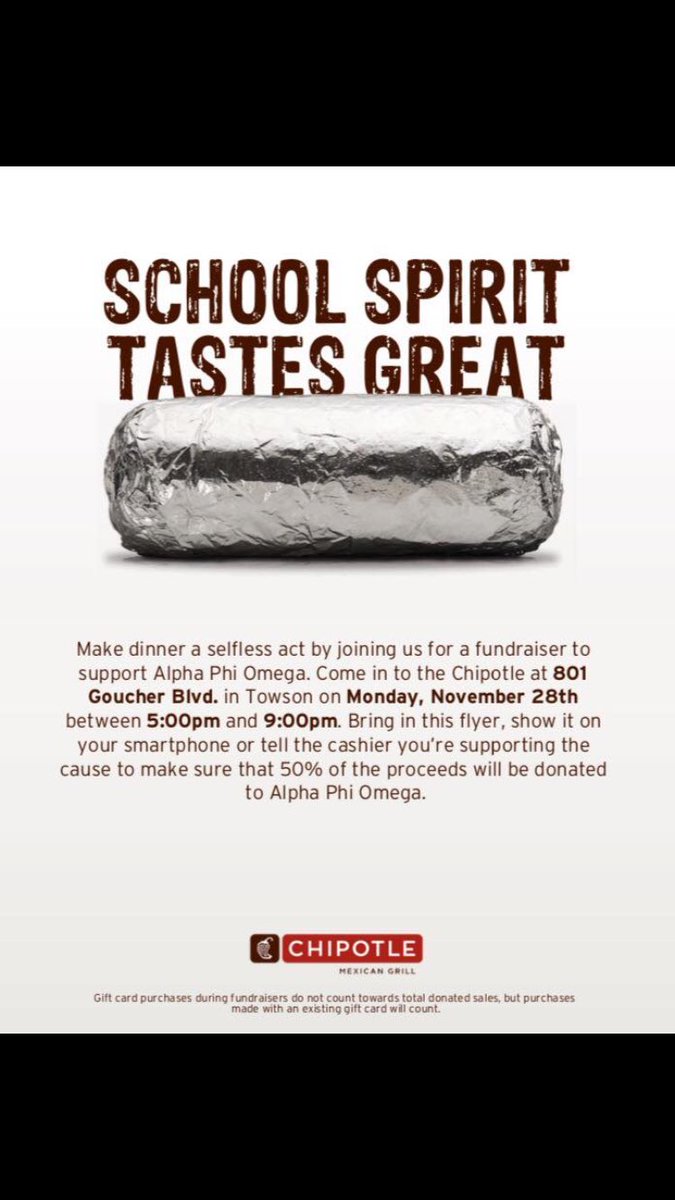 apotowson's tweet photo. Don't forget,Come out tonight from 5-9pm, show this on your phone or bring the flyer, Alpha Phi Omega will get 50% of the proceedings 🌯 https://t.co/NJ1wDSQNZM