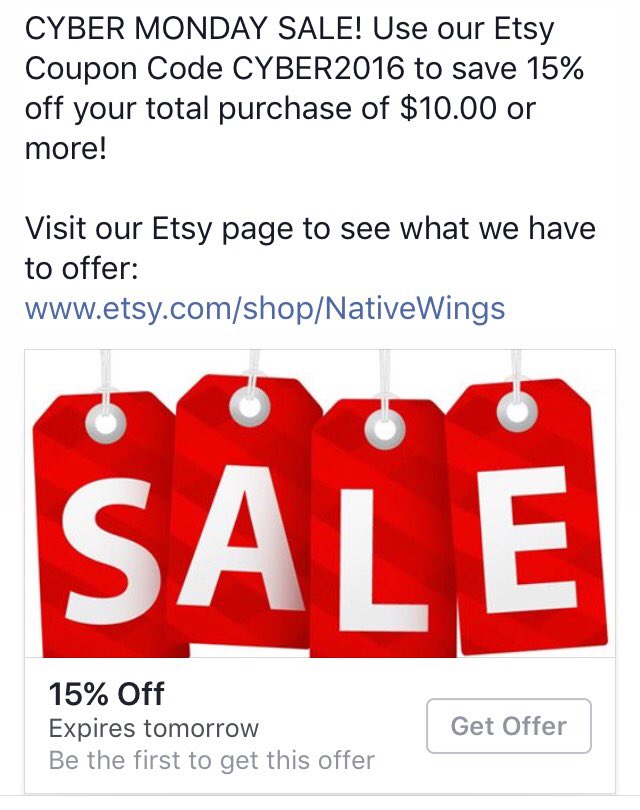 TheNativeWings's tweet photo. #CyberMonday #sale 15% off purchases of $10 or more! #coupon expires 11/29/16! Visit our @Etsy page #thenativewings to see our products! https://t.co/42AKi1qddj