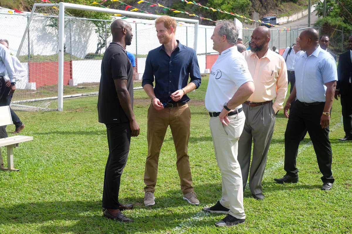 KensingtonRoyal's tweet photo. Prince Harry chats with former Grenada footballer @JasonRoberts30, whose foundation supports young people in Grenada #RoyalVisitGrenada ⚽️ https://t.co/RFSHvAgR0f
