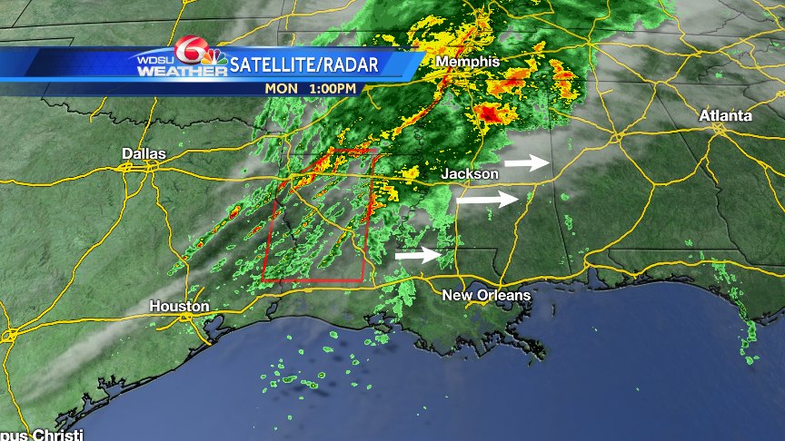 JayGalle's tweet photo. Strong storms moving in from west. Timing brings rain this evening. Slight to marginal risk for svr weather. @wdsu https://t.co/t130pgabS7