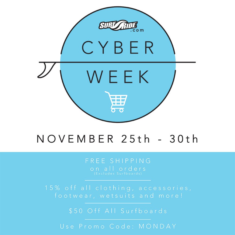 $50 Off Surfboards! Cyber Week for surfers is on- Free Shipping on all orders (excluding surfboards) + 15% off! surfride.com